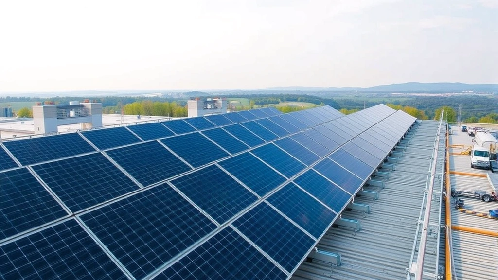 Modern solar panel installation on industrial facility rooftop with Tennessee landscape in background, demonstrating renewable energy transition and sustainable manufacturing practices