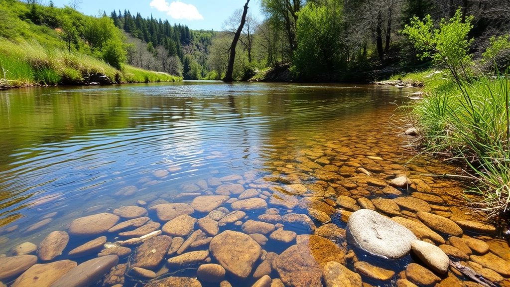 Healthy river ecosystem with clear water, native fish species, and riparian vegetation along Tennessee waterway, showcasing water quality management and ecological restoration