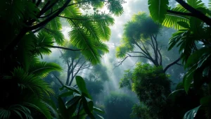 Lush tropical rainforest canopy with morning mist rising, dense green vegetation creating natural cathedral, sunlight filtering through leaves, vibrant biodiversity visible, photorealistic nature photography