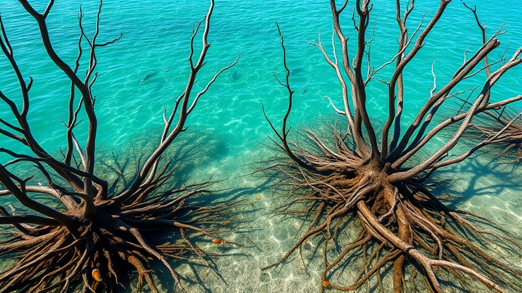 Coastal mangrove forest meeting clear turquoise water, intricate root systems visible, fish swimming in shallow water, wildlife habitat thriving, pristine ecosystem in natural state, photorealistic