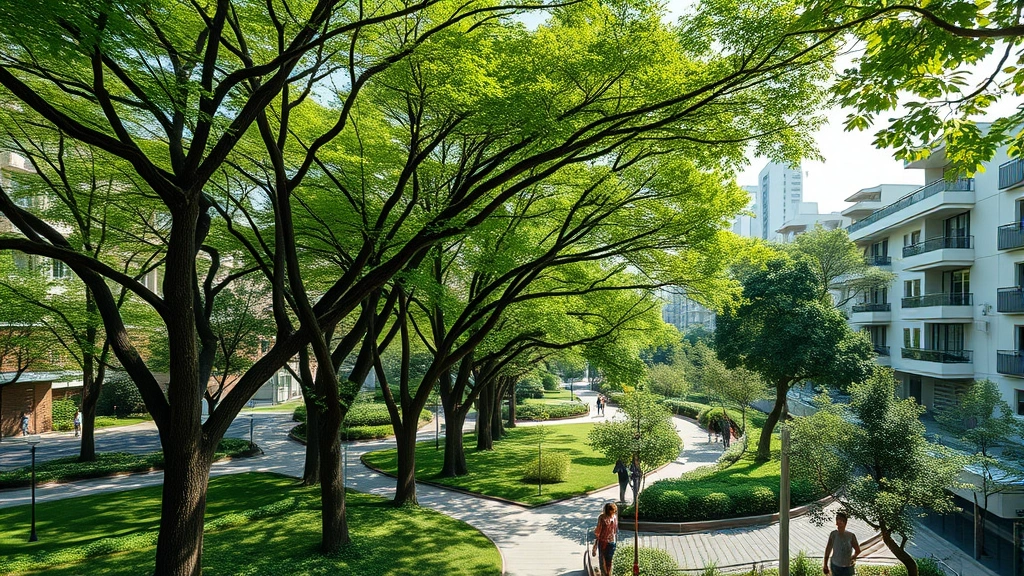 Urban green space with mature trees shading residential area, parks and vegetation integrated throughout cityscape, people enjoying natural spaces, buildings surrounded by greenery, sustainable city planning visible, photorealistic