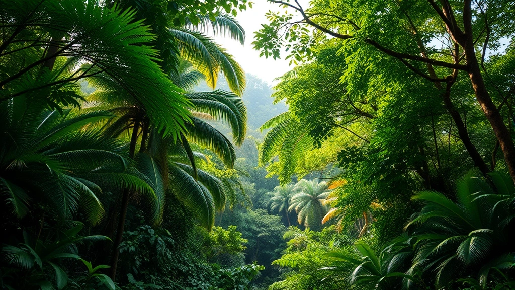 Lush tropical rainforest canopy with dense green foliage, sunlight filtering through layers of trees, diverse vegetation creating natural gradient from canopy to forest floor, photorealistic, no text