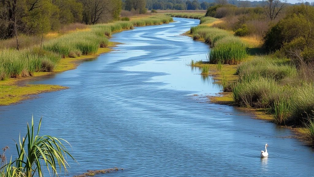 Pristine river flowing through restored wetland landscape with native reeds, water plants, birds, and wildlife habitat thriving along banks, healthy ecosystem full of life and biodiversity