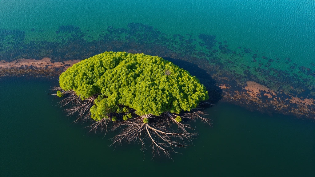 Aerial view of restored mangrove forest meeting coastal waters with intricate root systems visible, green vegetation dense and healthy, showing natural protection and marine ecosystem connection
