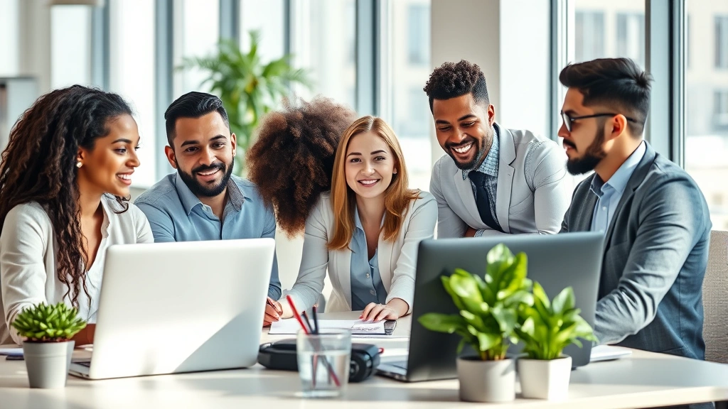 Professional diverse workplace team collaborating at modern office desk with natural light streaming through windows, employees appearing focused and healthy, clean organized workspace environment
