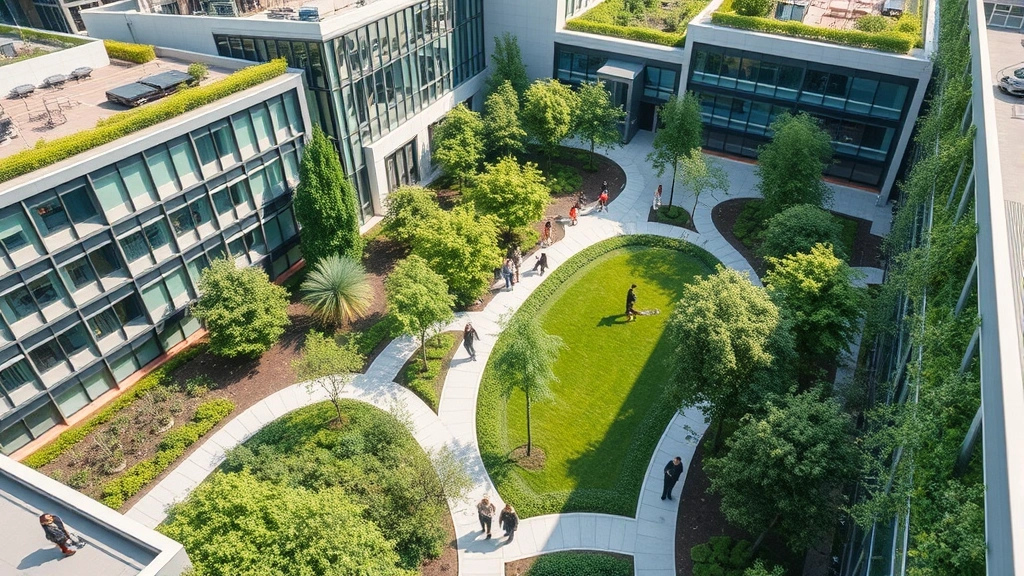 Aerial view of sustainable business campus with green spaces, employees walking outdoors during break, modern architecture integrated with nature, healthy workplace ecosystem visible