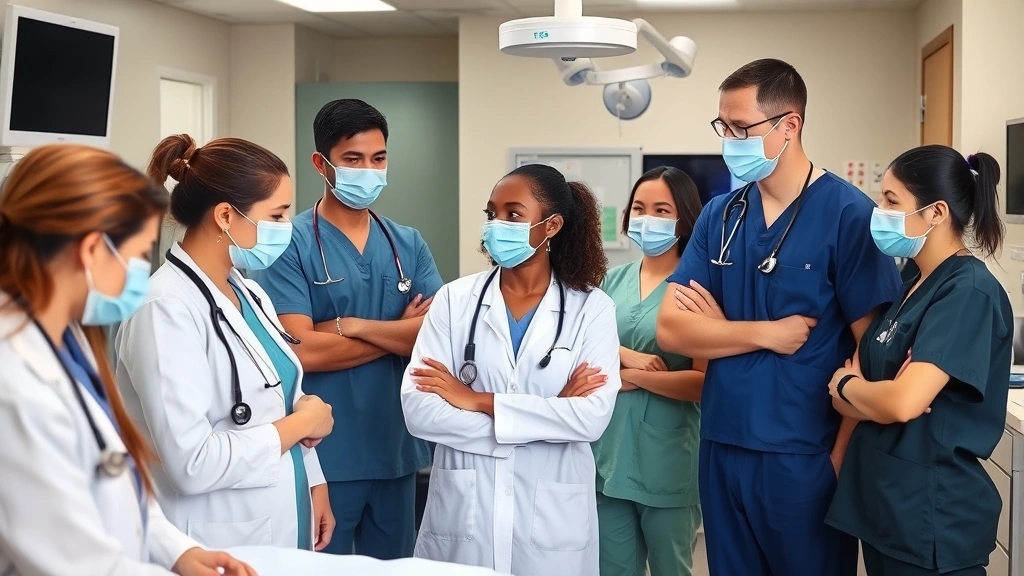 Diverse healthcare workers in clinical setting demonstrating safety protocols, professional medical environment with advanced equipment, team members engaged in quality patient care interaction