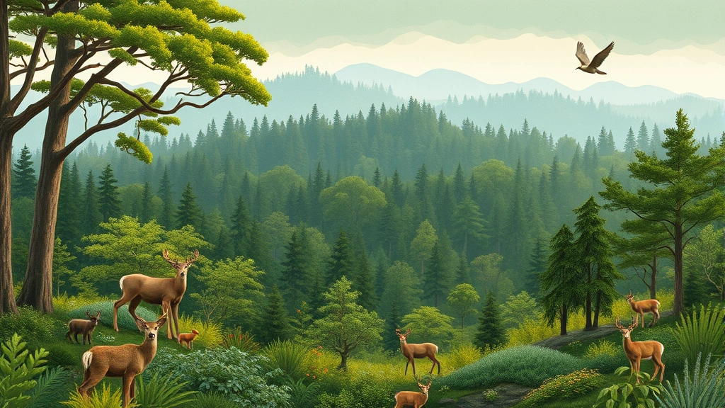 A lush temperate forest ecosystem with layered canopy, diverse vegetation, and wildlife including birds and deer, showing interconnected biotic relationships in a defined natural space