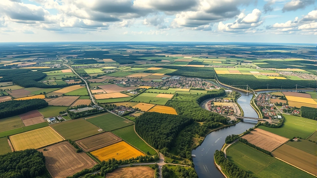 An agricultural region displaying multiple human-modified and natural ecosystems integrated within a complex environmental system including farms, forests, waterways, and settlements under a dynamic sky