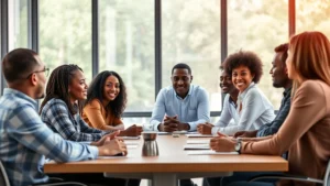Professional diverse workplace meeting room with employees of different races, ages, and genders collaborating respectfully at a conference table with natural light streaming through large windows, showing genuine workplace harmony and inclusion