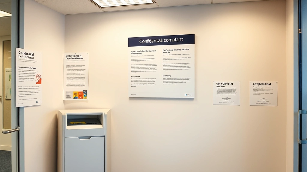 Modern HR office with confidential complaint procedures displayed on wall, showing diversity and inclusion posters, complaint box, and professional setting where employees feel safe reporting concerns, warm professional atmosphere