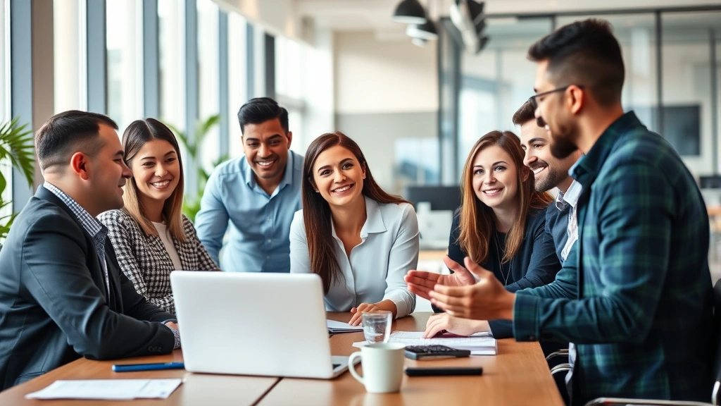 Diverse group of professional employees collaborating at modern office workspace with inclusive atmosphere, natural light, and respectful body language