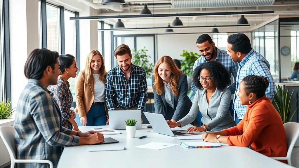 Diverse workplace team collaborating professionally in contemporary office setting with natural lighting, inclusive environment, and engaged participants