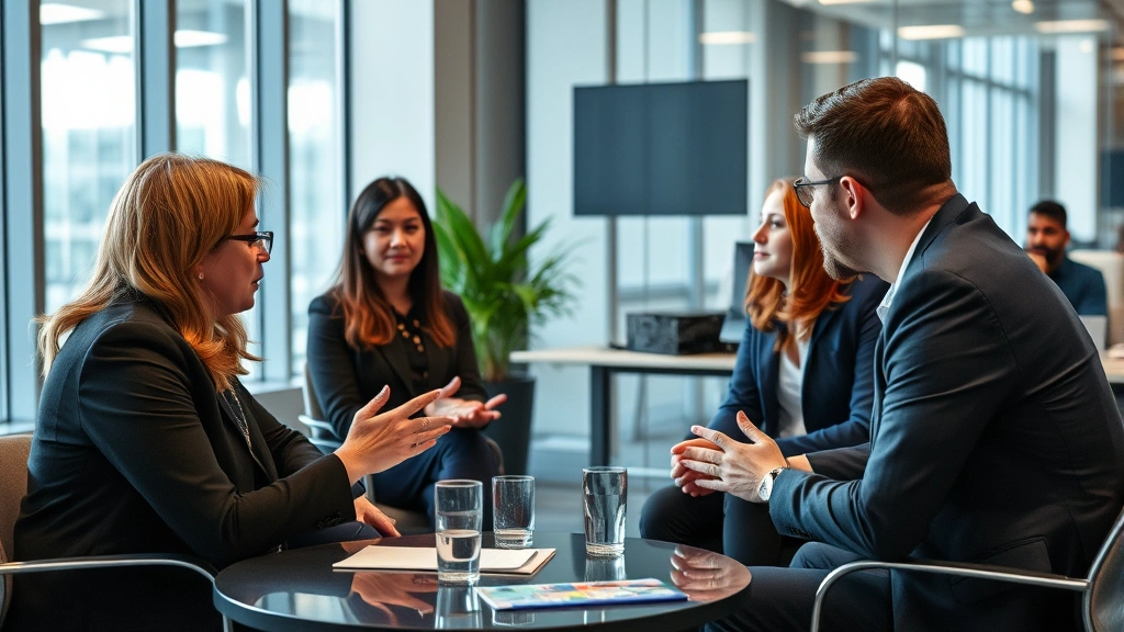 Professional mediation or discussion session between diverse participants in respectful workplace setting demonstrating conflict resolution and communication