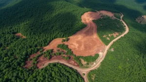 Aerial view of large-scale deforestation showing contrast between cleared brown land and remaining dense green rainforest canopy with visible logging roads and equipment