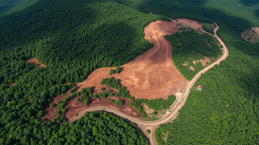 Aerial view of large-scale deforestation showing contrast between cleared brown land and remaining dense green rainforest canopy with visible logging roads and equipment