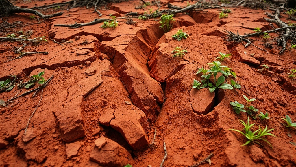 Close-up of exposed reddish soil with erosion gullies and sparse vegetation struggling to survive on degraded forest land, photorealistic detail