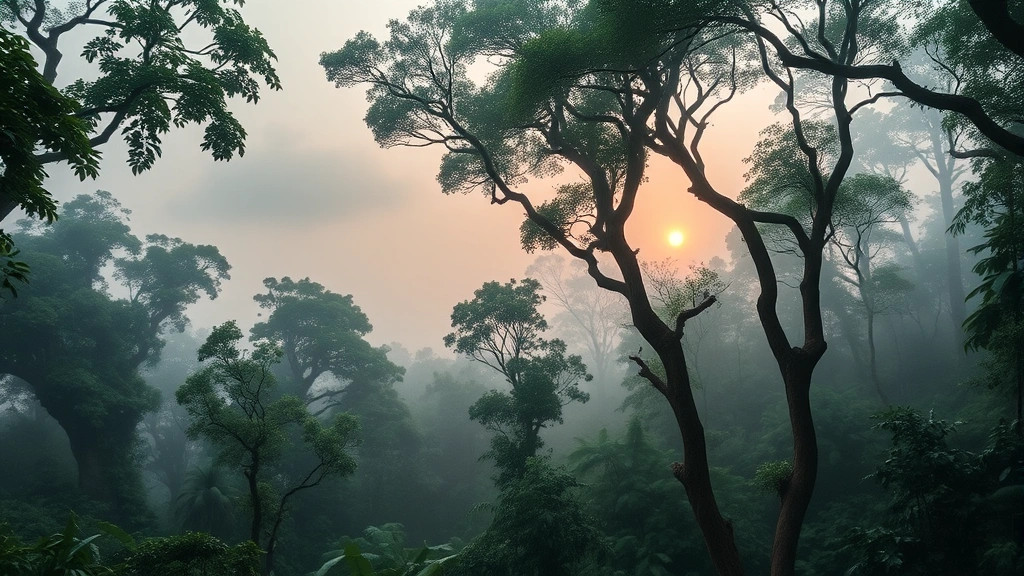 Misty rainforest canopy at dawn with multiple tree layers, diverse vegetation, and rich biodiversity visible, representing healthy intact ecosystem