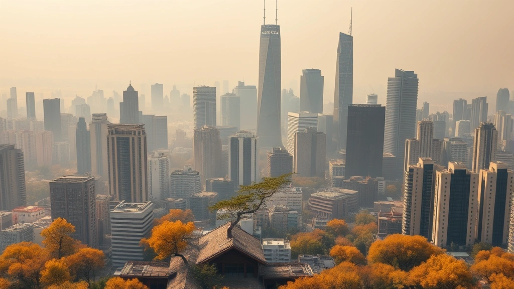 Dense urban cityscape with towering skyscrapers and high-rise buildings surrounded by heat-stressed, yellowing vegetation and a thick hazy atmosphere, illustrating urban heat island effect and environmental pressure from concentrated development