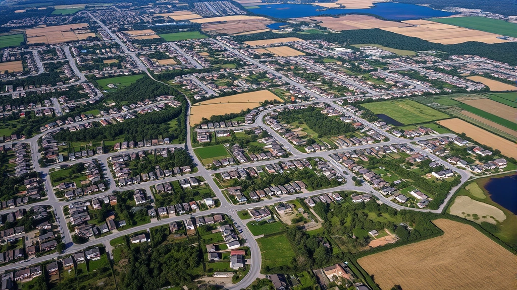 Aerial view of sprawling suburban development with perfectly gridded streets and uniform houses encroaching on remaining patches of natural forest, agricultural land, and wetlands, showing clear boundary between human development and natural ecosystems
