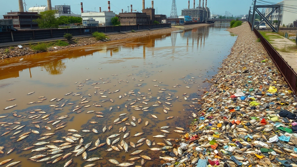 Polluted urban river with murky brown water flowing through industrial area with factories, while dead fish float on surface and trash accumulates along contaminated banks, depicting water pollution from urban runoff and industrial discharge