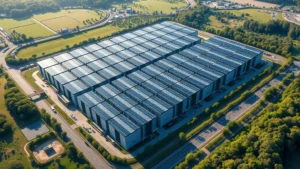 Photorealistic aerial view of a sprawling modern data center with cooling infrastructure and solar panels, surrounded by green landscape, representing digital infrastructure investment in natural settings