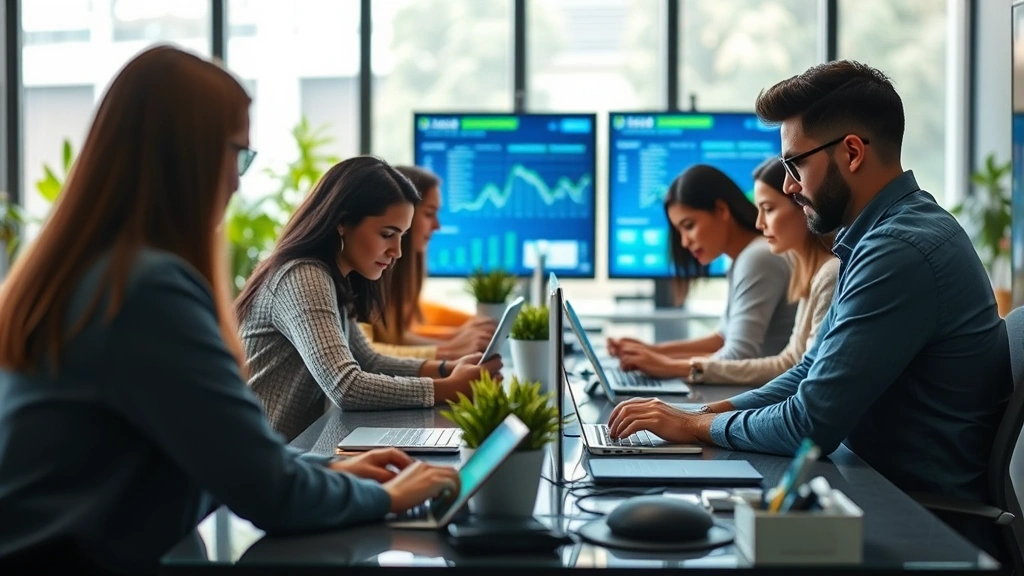 Photorealistic image of a diverse team of workers in a modern office using multiple digital devices and screens, with natural light and plants visible, symbolizing digital economy productivity gains
