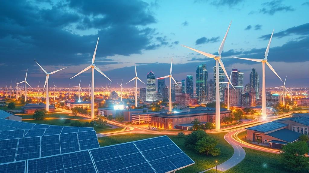 Photorealistic landscape showing smart city technology integration with renewable energy sources—wind turbines and solar panels—interconnected through digital networks, demonstrating sustainable electronic environments
