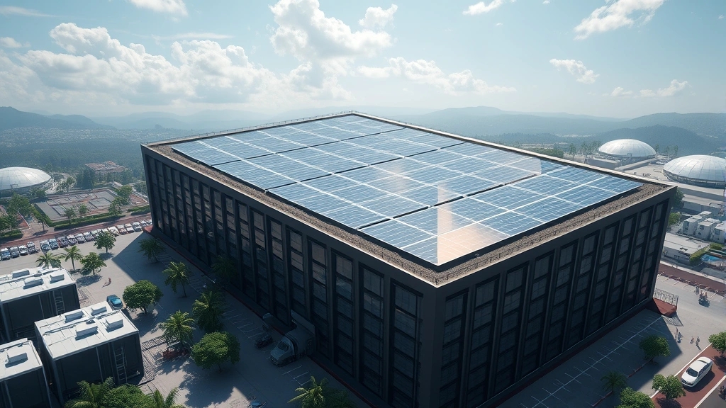 Photorealistic aerial view of a modern data center facility with cooling systems and renewable solar panels on roof, showcasing digital infrastructure environmental footprint