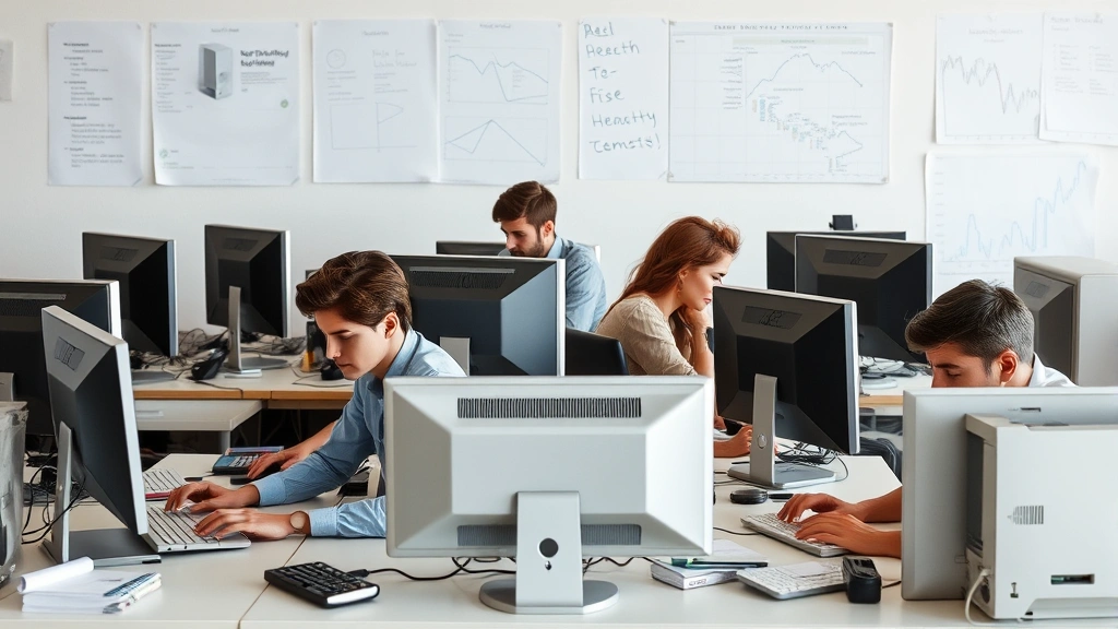 Photorealistic image of diverse professionals working on older refurbished computers running efficient software, demonstrating extended hardware lifecycles and sustainable technology adoption