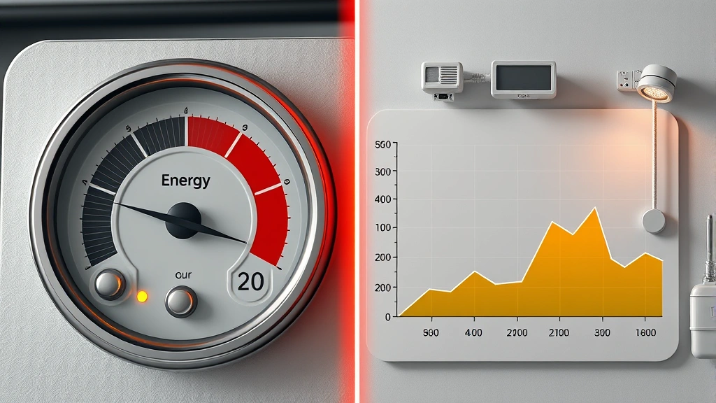 Photorealistic split-screen showing energy consumption meters and efficiency graphs, left side showing high consumption, right side showing reduced consumption from lightweight systems