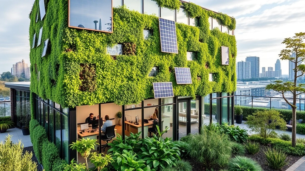 Modern sustainable office building with green walls and solar panels integrated into facade, surrounded by native plants and trees, natural daylight visible through large windows, people working at desks visible inside, urban landscape background
