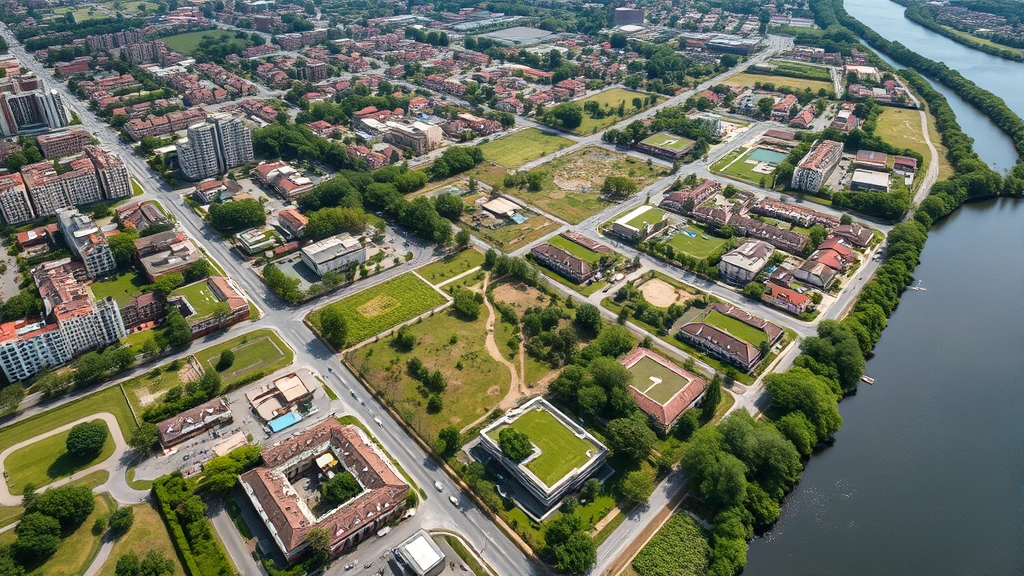 Aerial view of urban district with extensive green roofs, parks, bioswales, and permeable surfaces interspersed with buildings, showing stormwater management infrastructure and habitat corridors, natural vegetation dominant, waterway visible