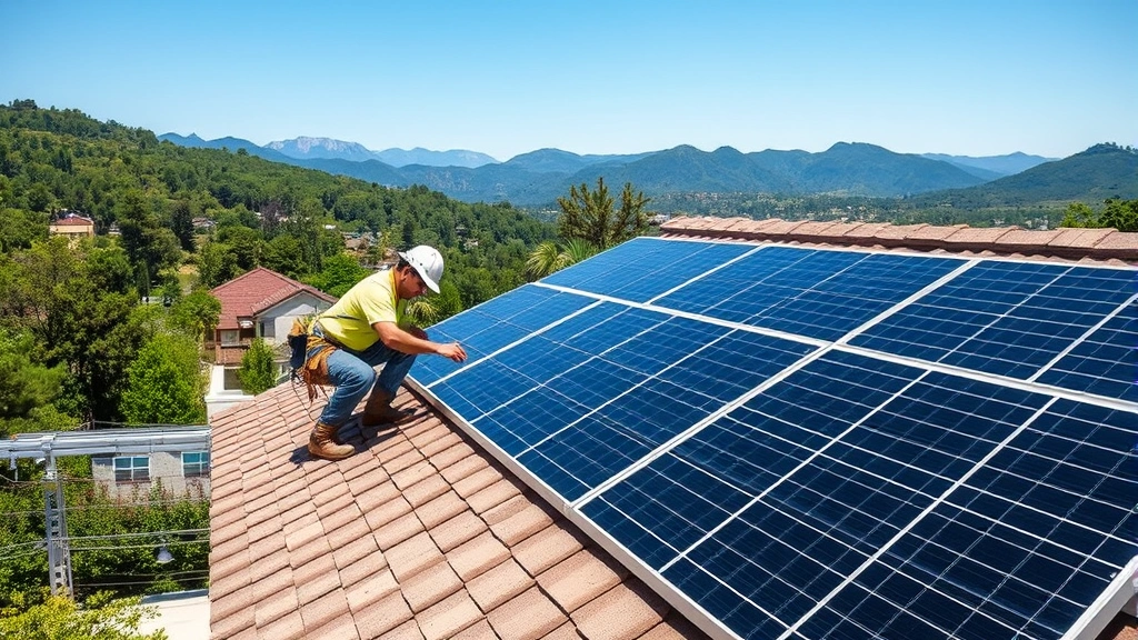 Worker installing solar photovoltaic panels on residential rooftop with surrounding green landscape, mountains in distance, showing renewable energy technology integration, clear sky, demonstrating sustainable construction practices