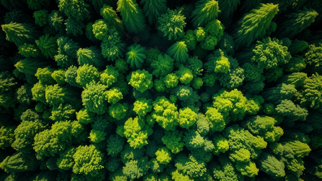 Aerial view of lush green forest canopy with winding sustainable harvesting pathways, sunlight filtering through leaves, showing responsible forestry practices and ecosystem health in photorealistic detail