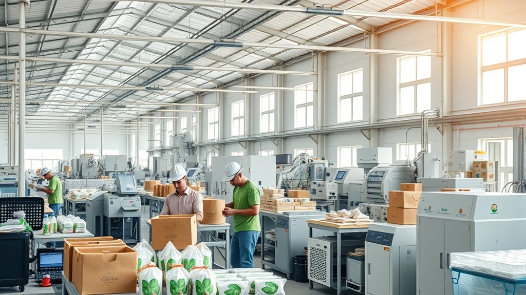 Manufacturing facility with solar panels on roof, workers in sustainable clothing handling eco-friendly product packaging, modern clean technology equipment visible, natural light streaming through windows