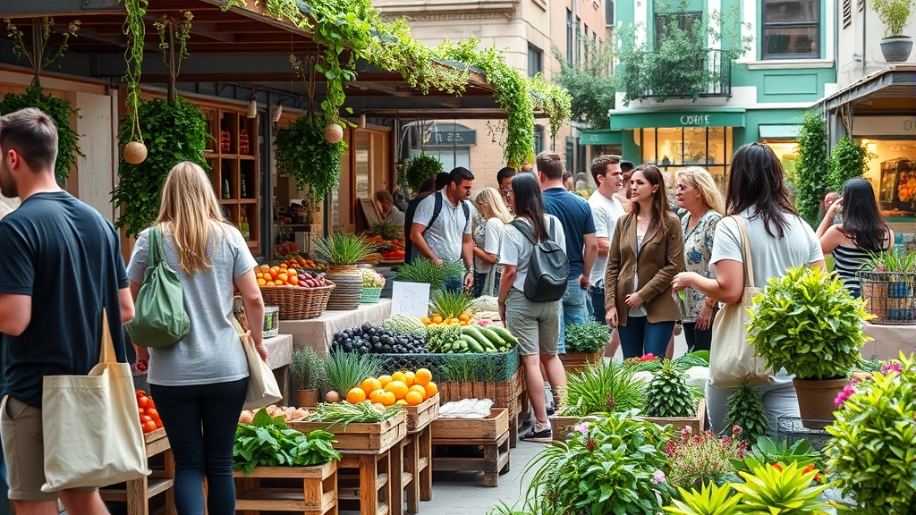 Diverse community marketplace with vendors selling organic produce, reusable containers, and sustainable goods, customers with cloth bags, green plants and flowers decorating the scene, urban garden visible