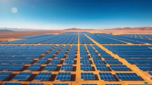 Aerial view of vast solar farm stretching across desert landscape with thousands of blue photovoltaic panels under bright sunlight, modern clean energy infrastructure in natural environment