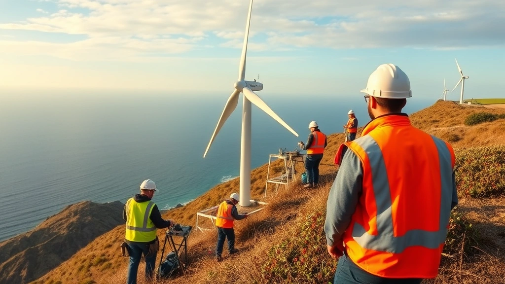 Diverse workforce installing wind turbine on coastal hillside with ocean backdrop, technicians in safety gear working on renewable energy project, real people engaged in green energy employment
