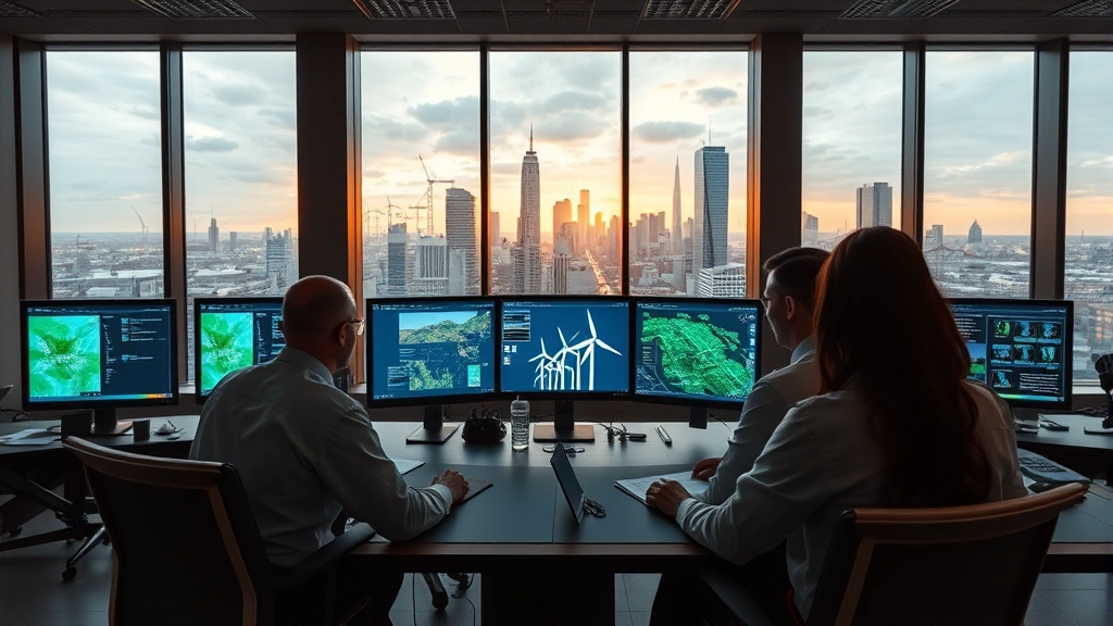 Modern smart grid control center with technicians monitoring renewable energy distribution on digital displays, city skyline visible through windows showing integration of clean energy with urban infrastructure