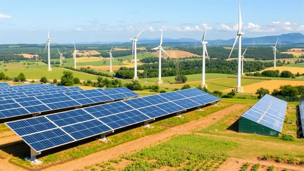 Solar panels and wind turbines on landscape with financial charts overlaid, showing renewable energy infrastructure in productive agricultural or industrial region with clear economic activity