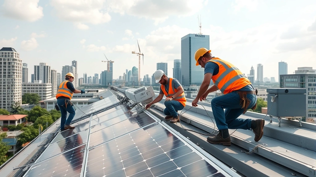 Workers installing renewable energy equipment on rooftop with modern cityscape background, showing hands-on environ tech deployment and skilled labor engaged in green economy transition