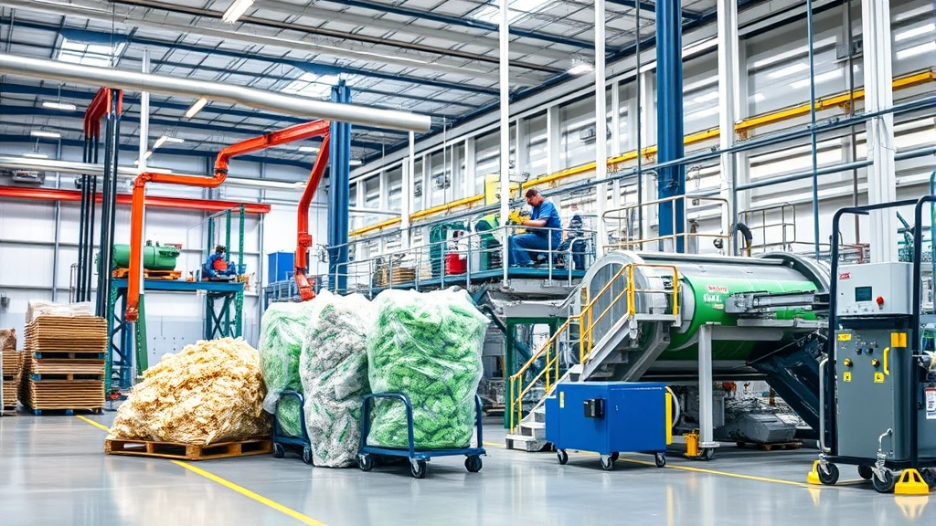 Advanced recycling facility with automated machinery processing materials, showing circular economy technology in action with clear resource recovery and manufacturing processes