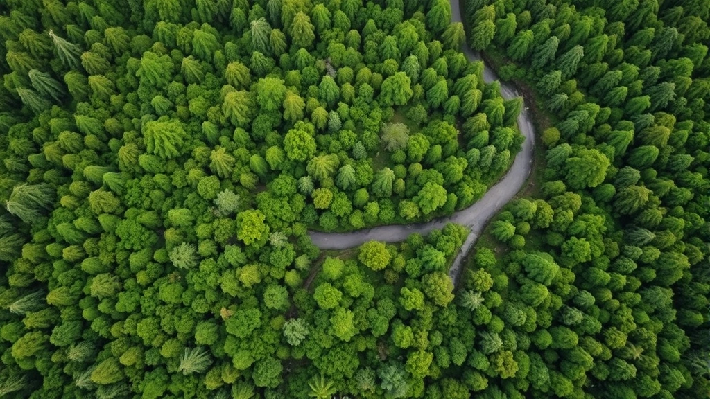 Aerial view of lush green forest canopy with winding river, showing intact ecosystem providing natural resources and carbon sequestration services for human communities below