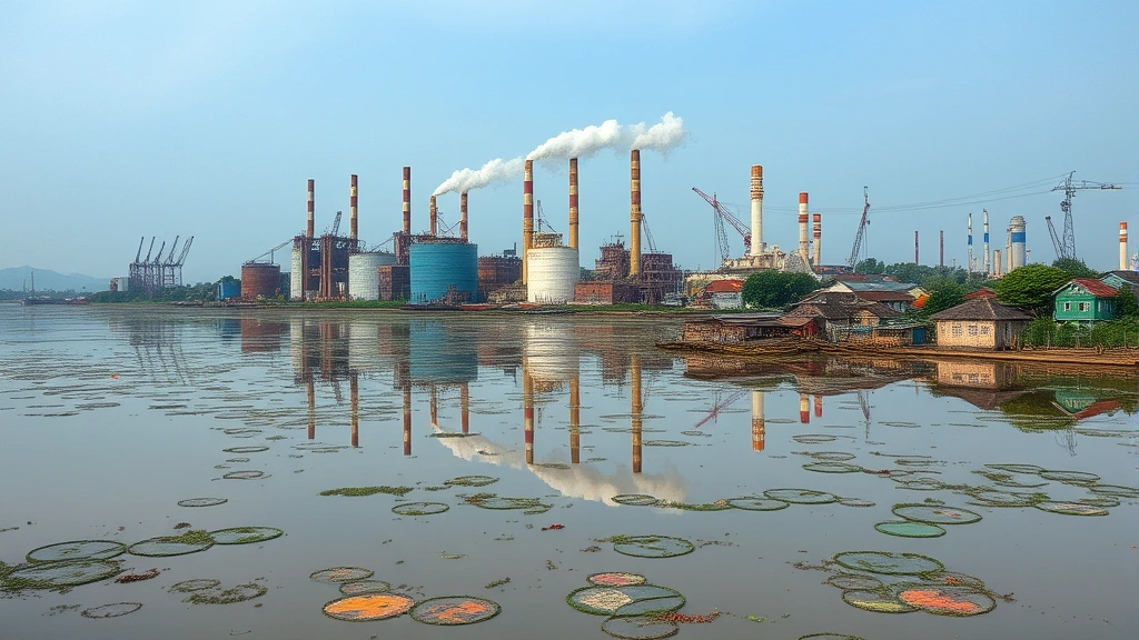 Industrial waterfront with factories reflecting in polluted water, showing environmental degradation affecting adjacent residential neighborhoods and community health