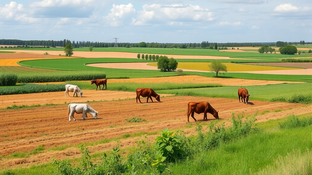 Diverse sustainable farm landscape with mixed crops, grazing animals, and natural vegetation strips demonstrating integrated agricultural ecosystem supporting food security and biodiversity