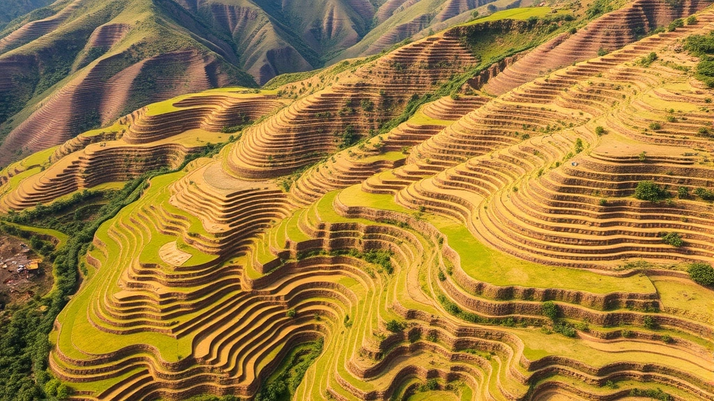 Aerial view of agricultural terraces carved into mountainous landscape demonstrating sustainable land management practices, showing diverse crop patterns and water conservation systems integrated with natural topography