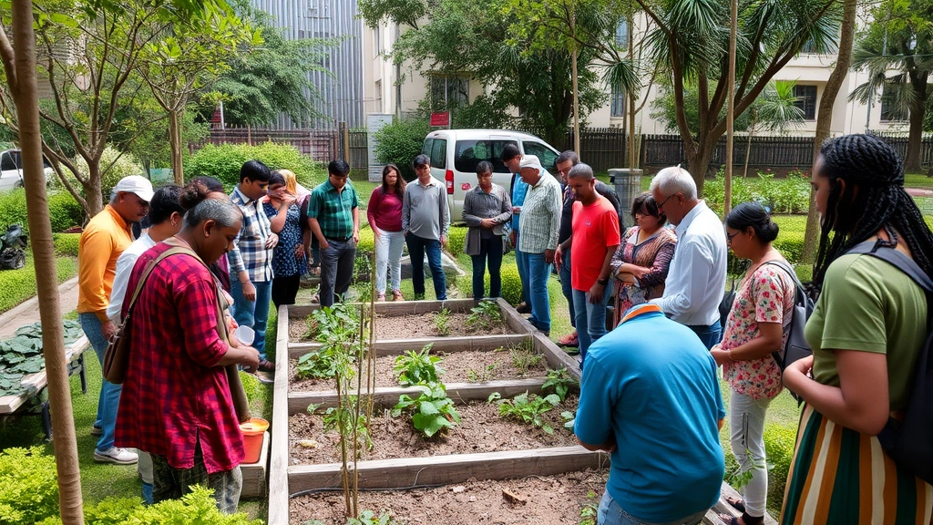 Diverse community members gathered in urban green space with trees and gardens, collaborating on environmental restoration project, showing social cohesion and environmental stewardship working together