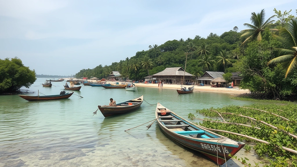 Coastal village with traditional fishing boats and mangrove forest ecosystem, illustrating indigenous community relationship with marine environment and sustainable resource management practices