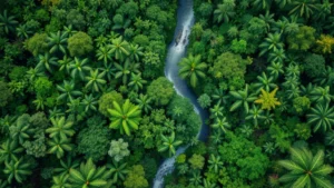 Aerial view of intact tropical rainforest canopy with river winding through dense vegetation, photorealistic, natural lighting, no text or labels